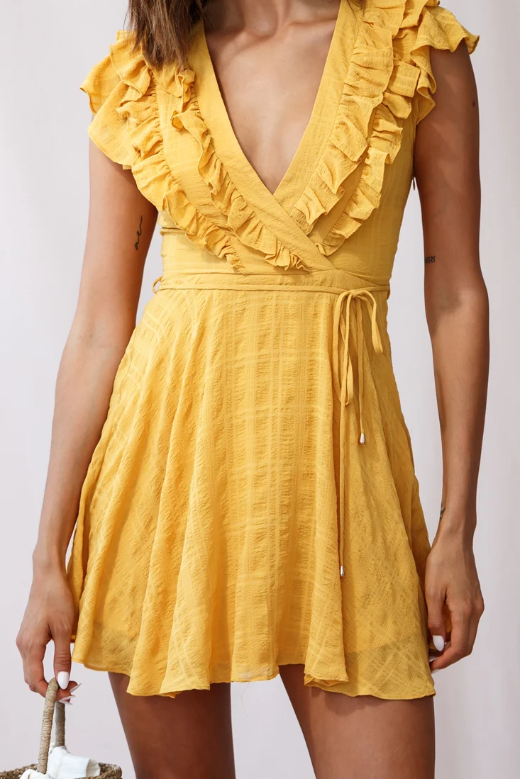 Asher Layered Frill Neckline Mini Dress Yellow - Image 4