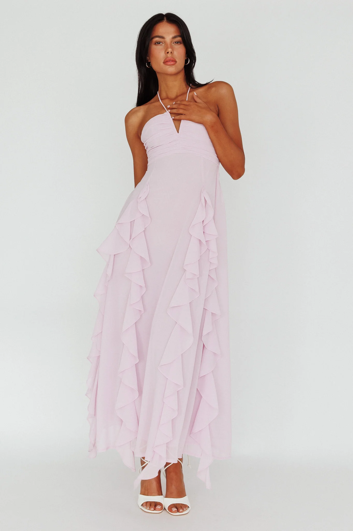 Asiah Ruffle Trim Halterneck Maxi Dress Lavender - Image 3