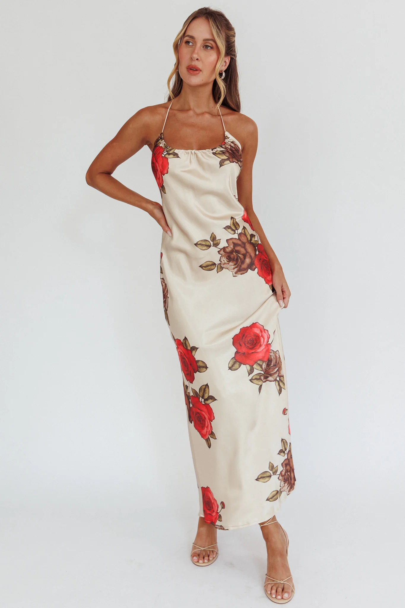 Aspen Spring Lace-Up Back Maxi Dress Floral Beige - Image 3