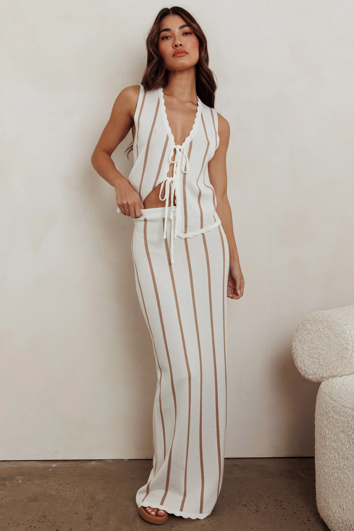 Aster Striped Maxi Knit Skirt Beige - Image 6