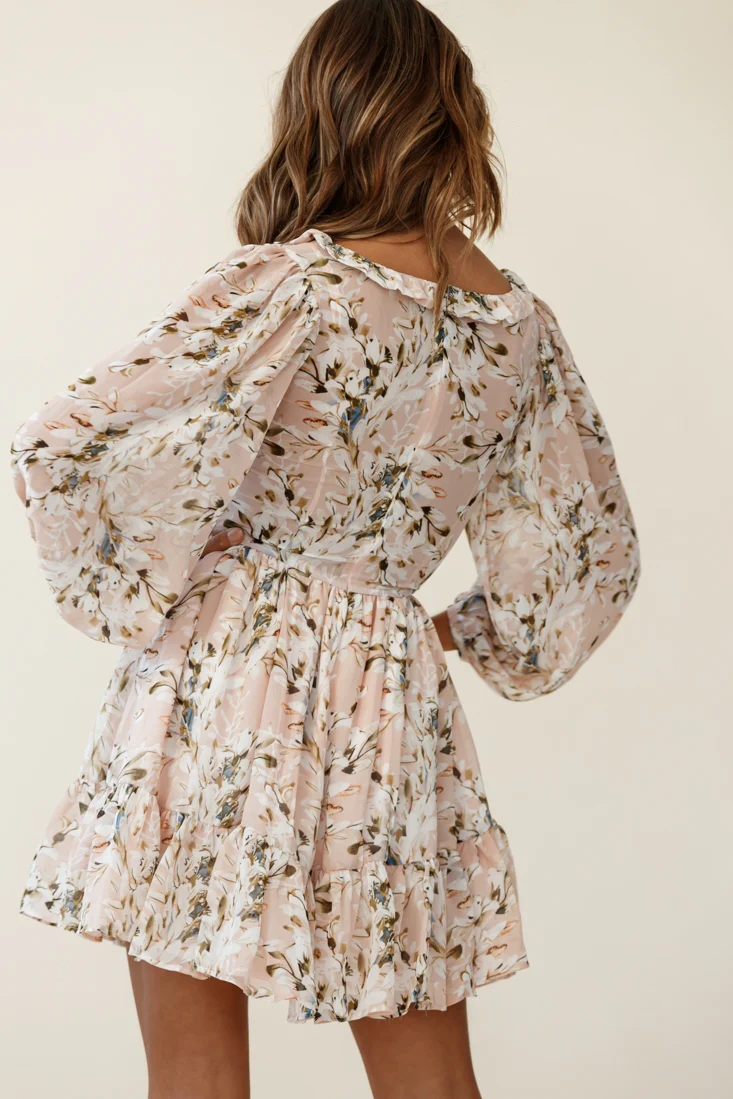 Athaliah Shirred Bust Balloon Sleeve Dress Floral Print Nude - Image 7