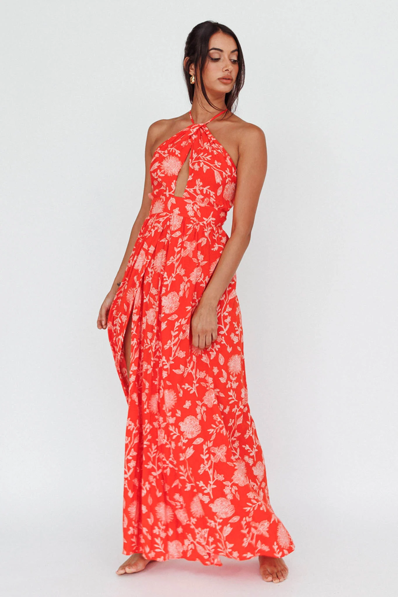 Athena High Split Maxi Dress Floral Print Red - Image 5
