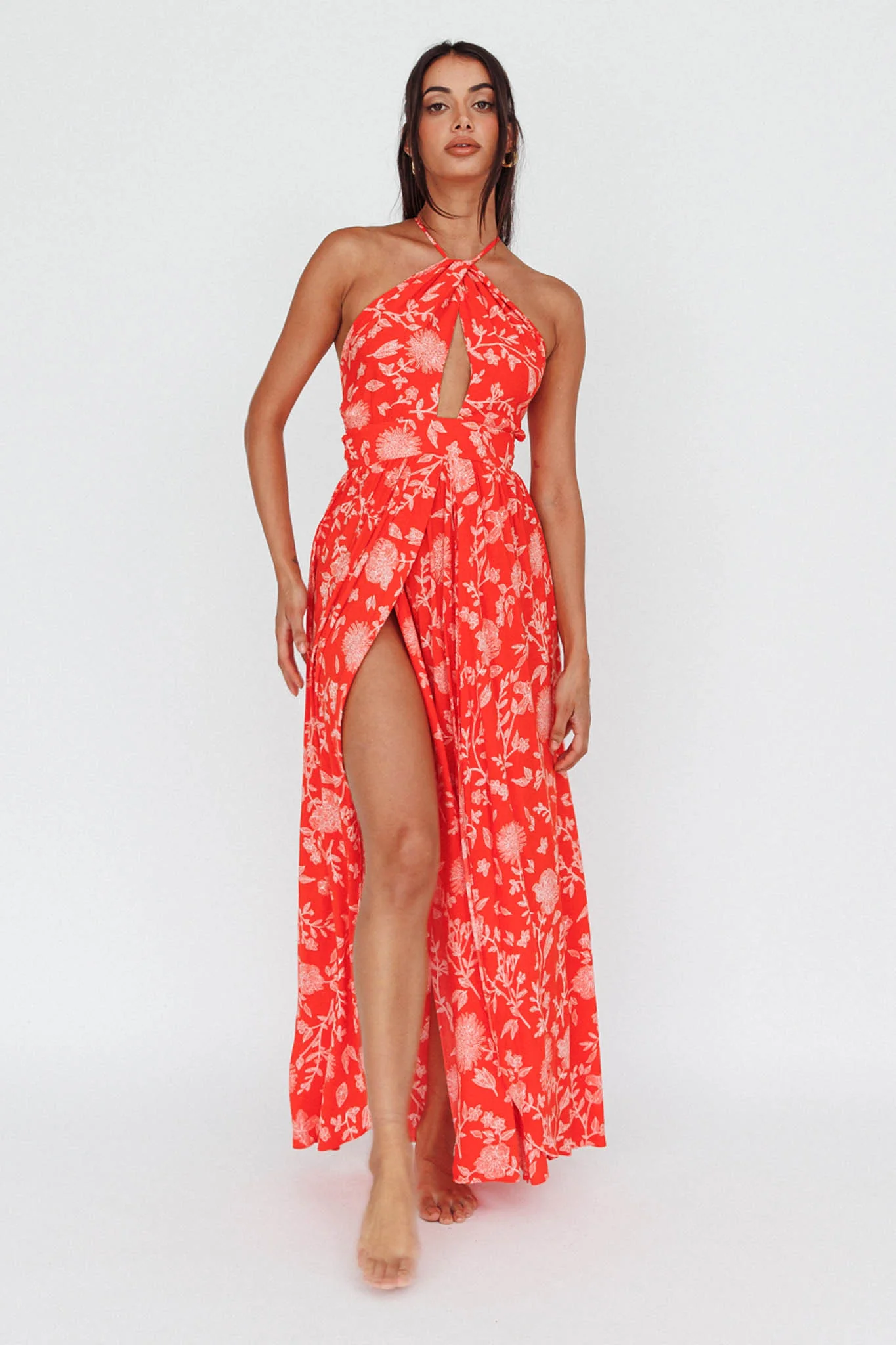 Athena High Split Maxi Dress Floral Print Red - Image 7