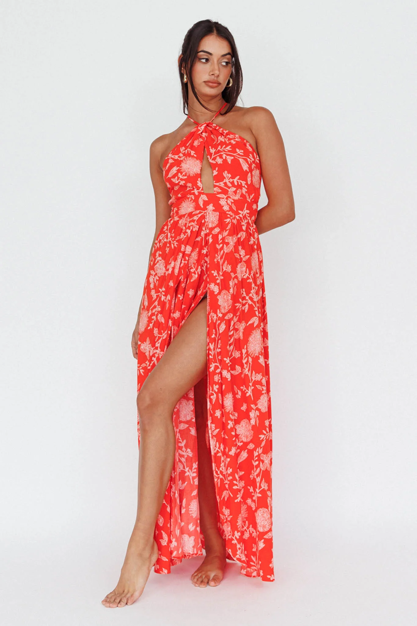 Athena High Split Maxi Dress Floral Print Red - Image 8