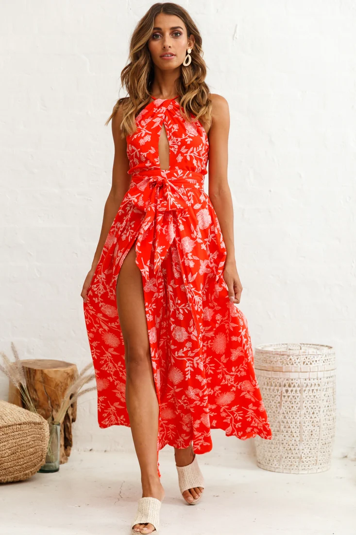 Athena High Split Maxi Dress Floral Print Red - Image 9