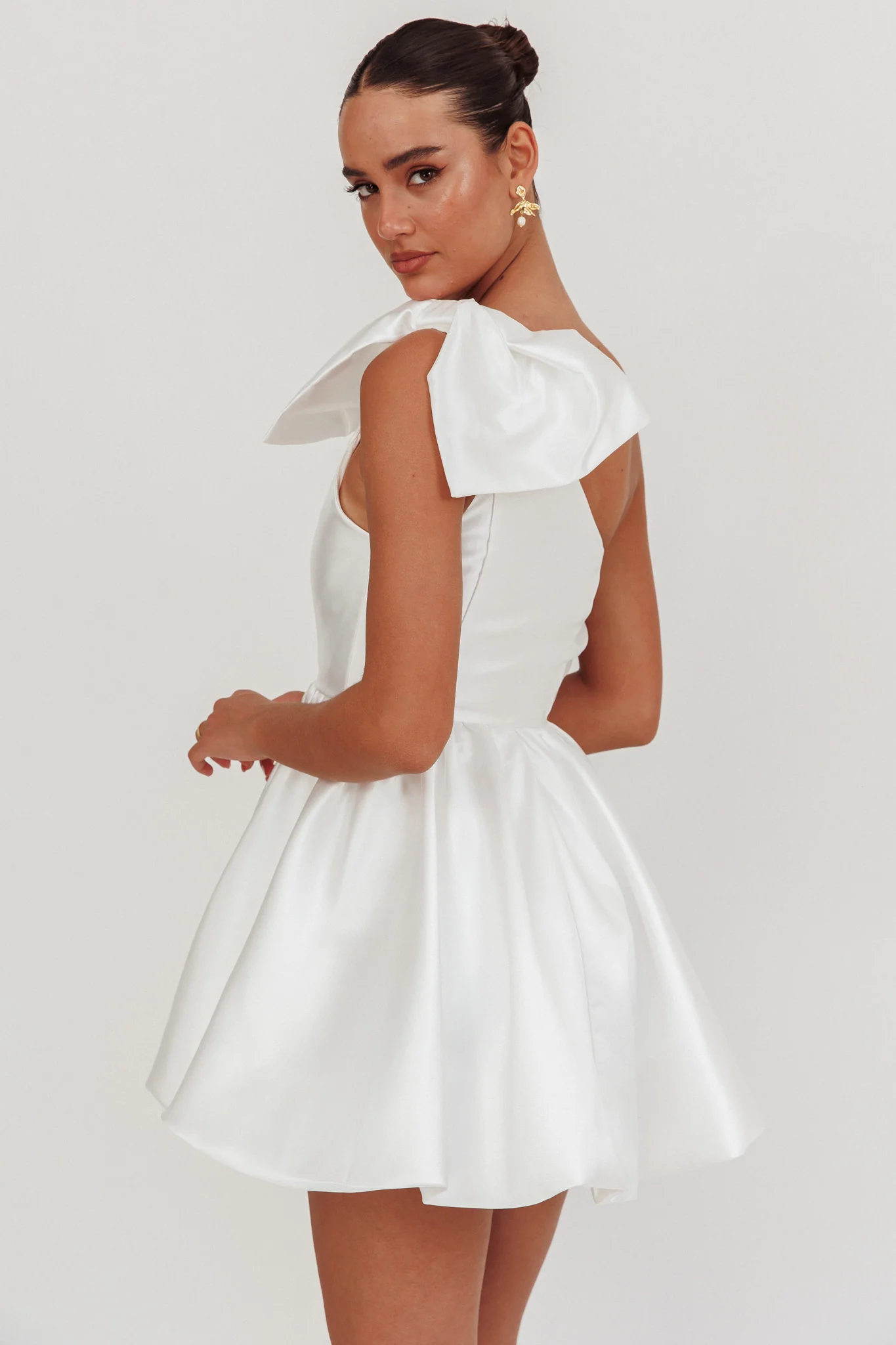 Athens Shoulder Bow Bubble Hem Mini Dress Off White - Image 3