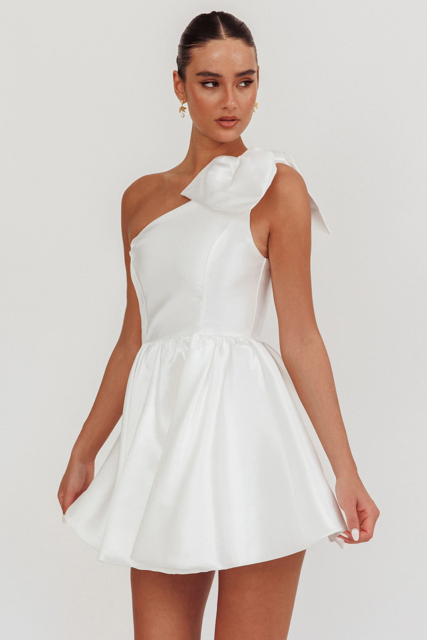 Athens Shoulder Bow Bubble Hem Mini Dress Off White - Image 6
