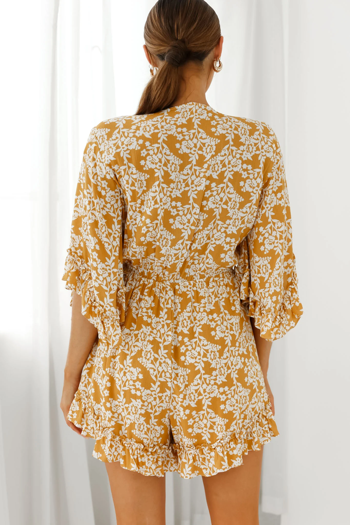 Athira Tied Bust Flared Sleeve Floral Stencil Print Romper Yellow - Image 2