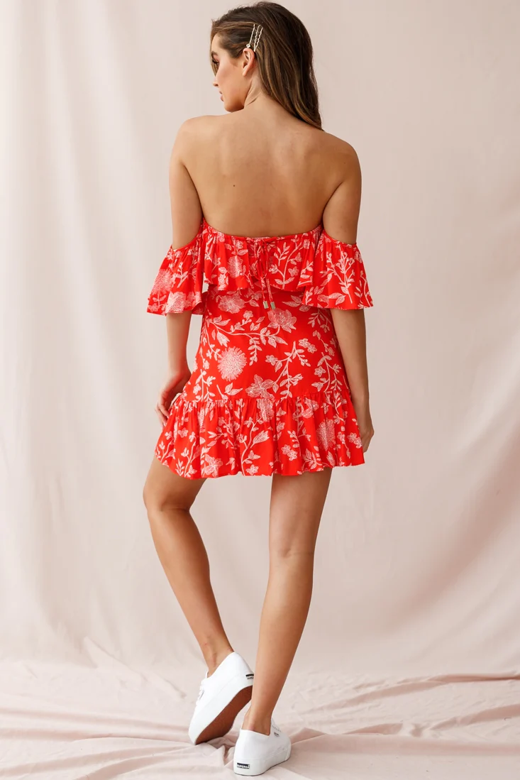 Audrina Off-Shoulder Wrap Dress Floral Print Red - Image 4