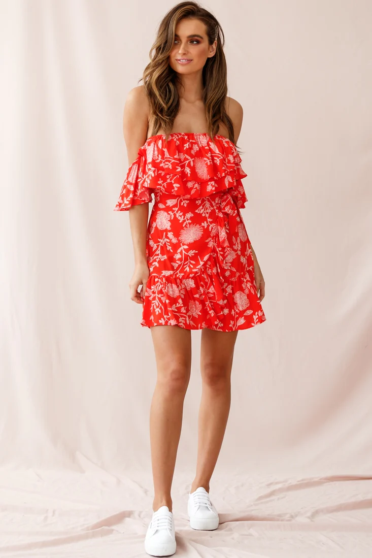 Audrina Off-Shoulder Wrap Dress Floral Print Red - Image 6