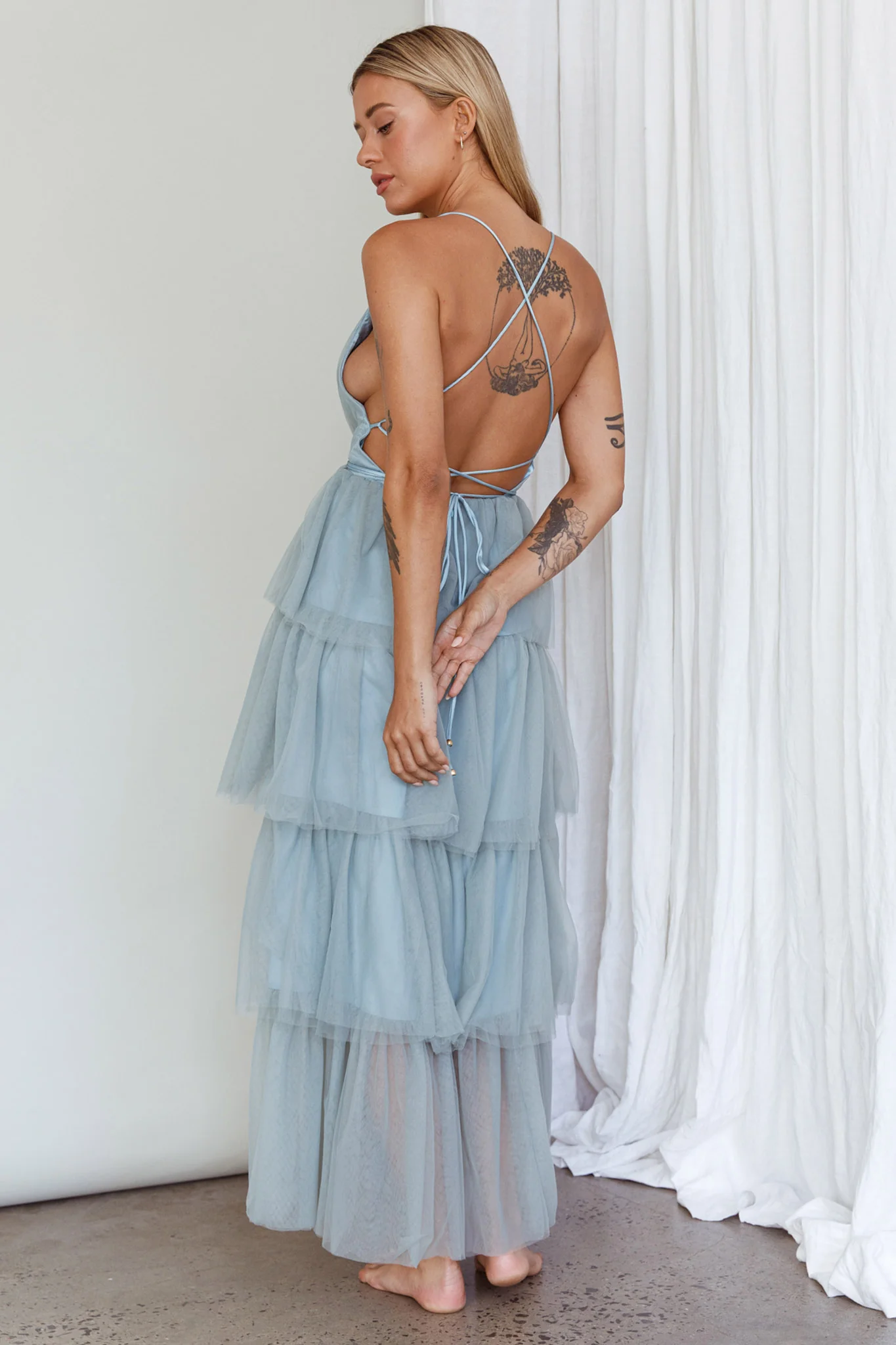 Auguste Tiered Frill Midi Dress Sage Green - Image 2