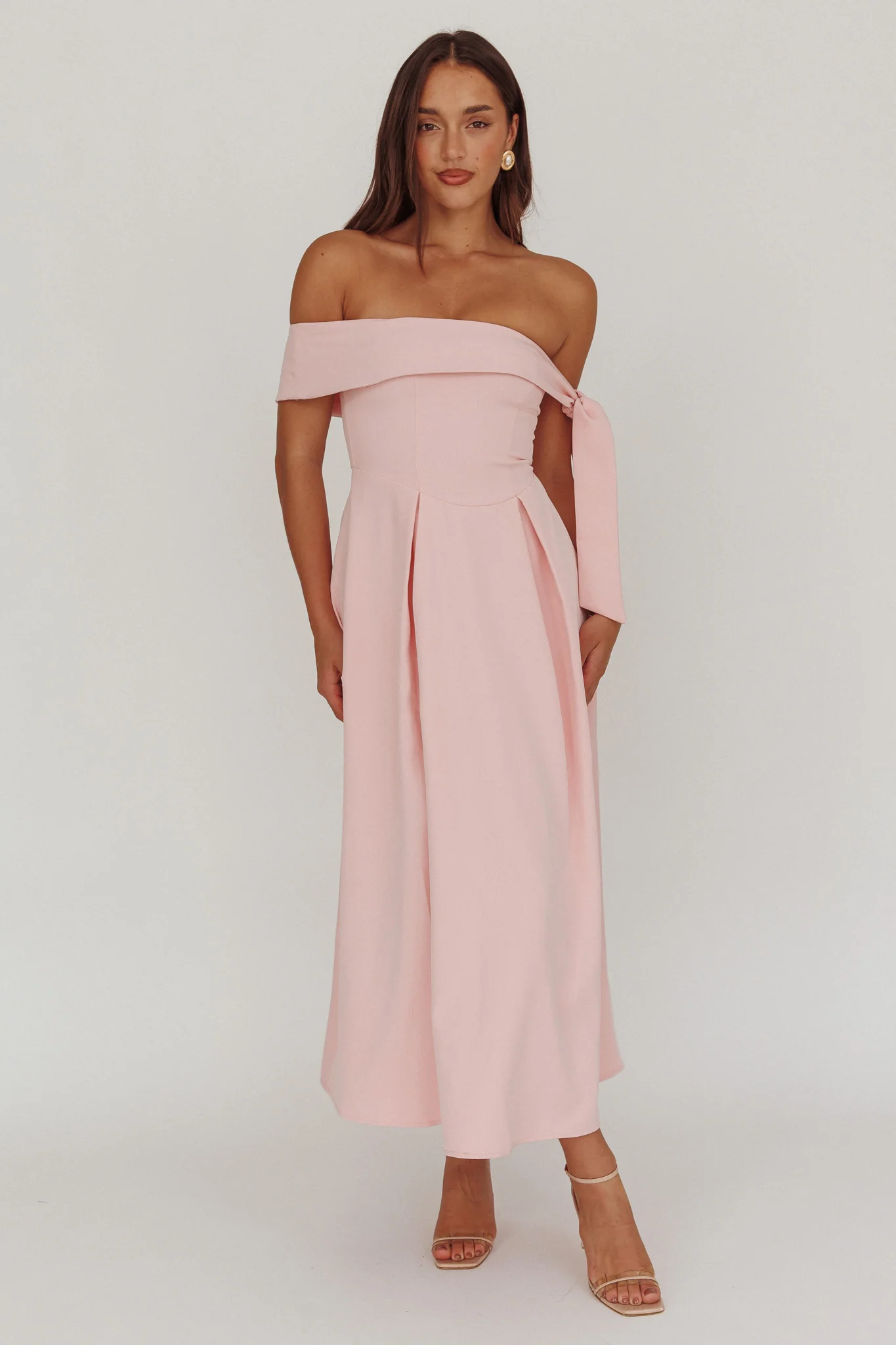 Aurora Sky Off-Shoulder Box Pleat Midi Dress Pink - Image 4