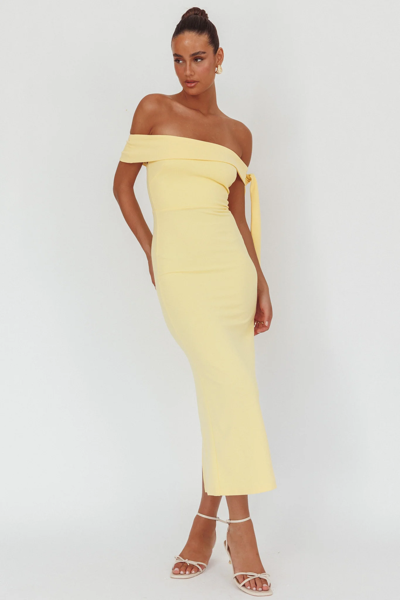 Aurora Sky Off-Shoulder Tie Maxi Dress Lemon - Image 4