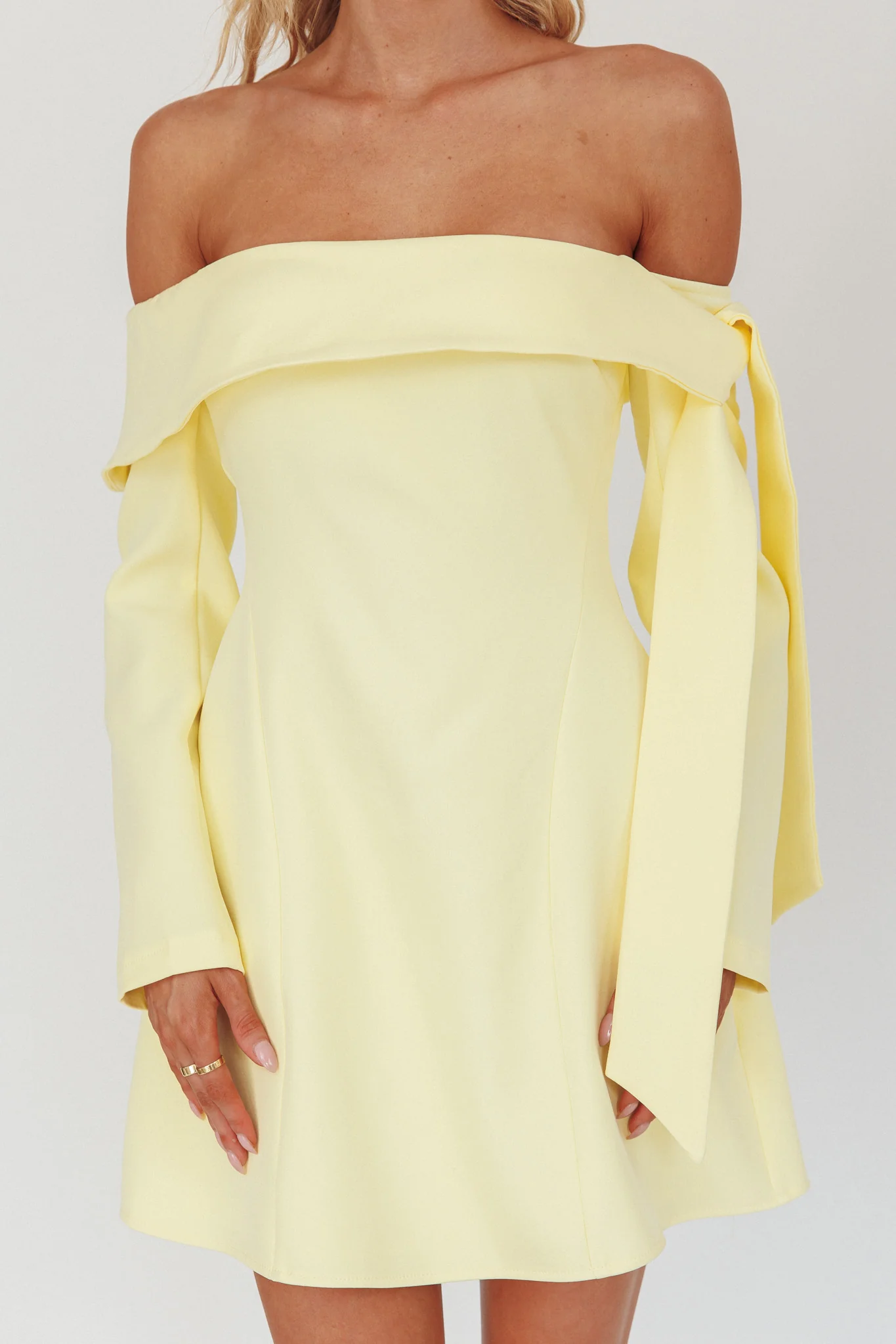 Aurora Sky Off-Shoulder Tie Mini Dress Lemon - Image 3