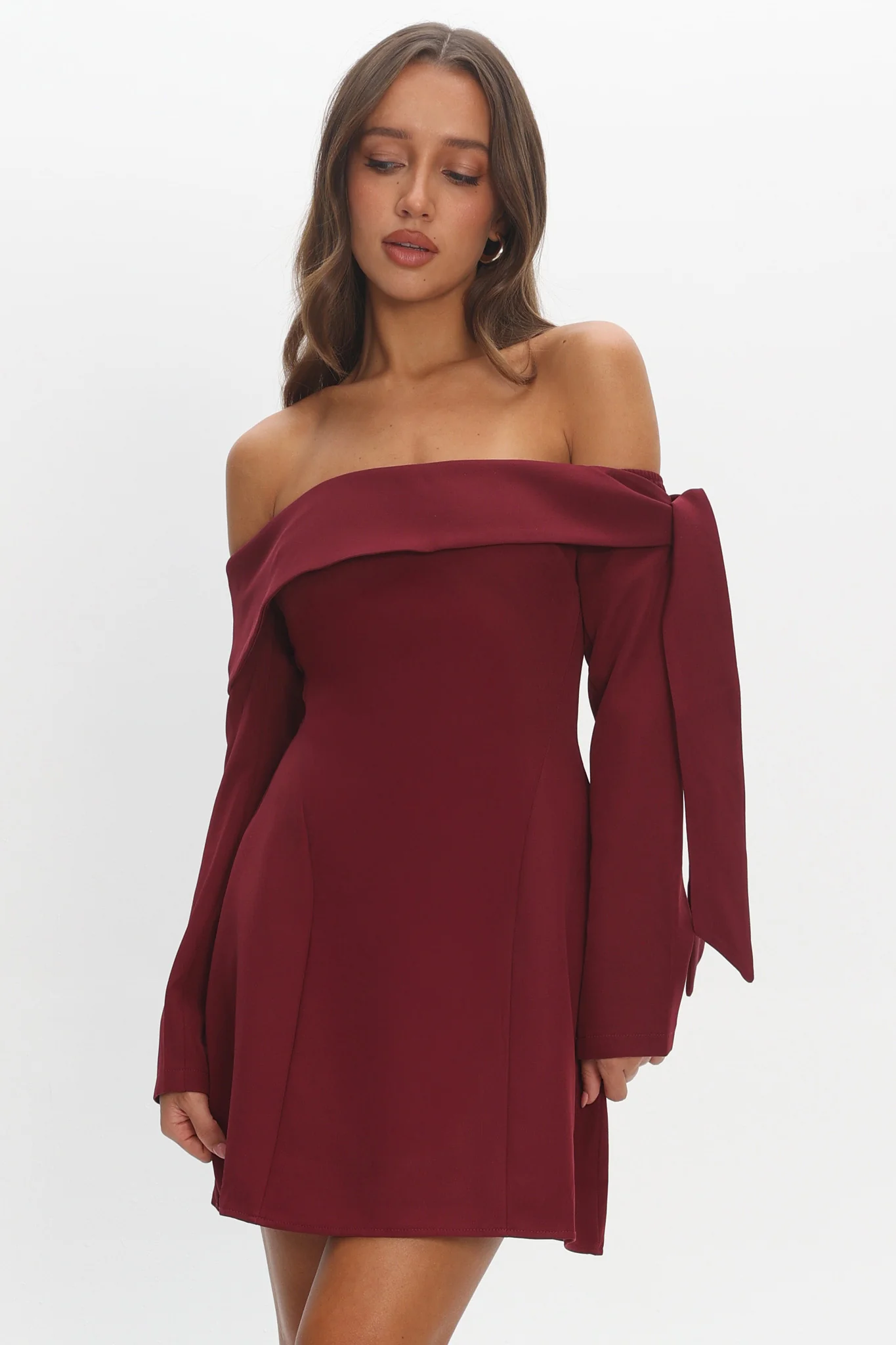 Aurora Sky Off-Shoulder Tie Mini Dress Wine