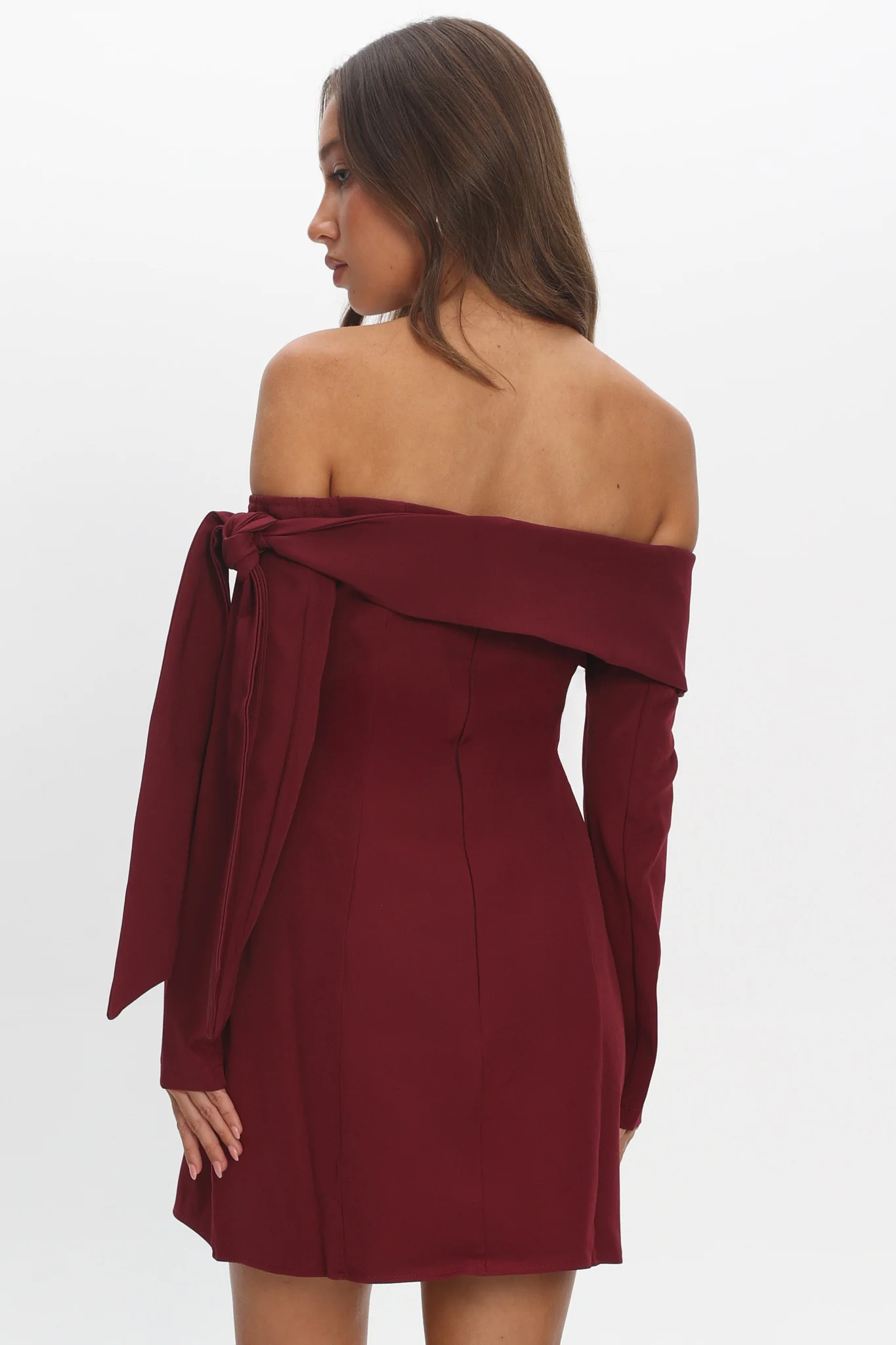 Aurora Sky Off-Shoulder Tie Mini Dress Wine - Image 3
