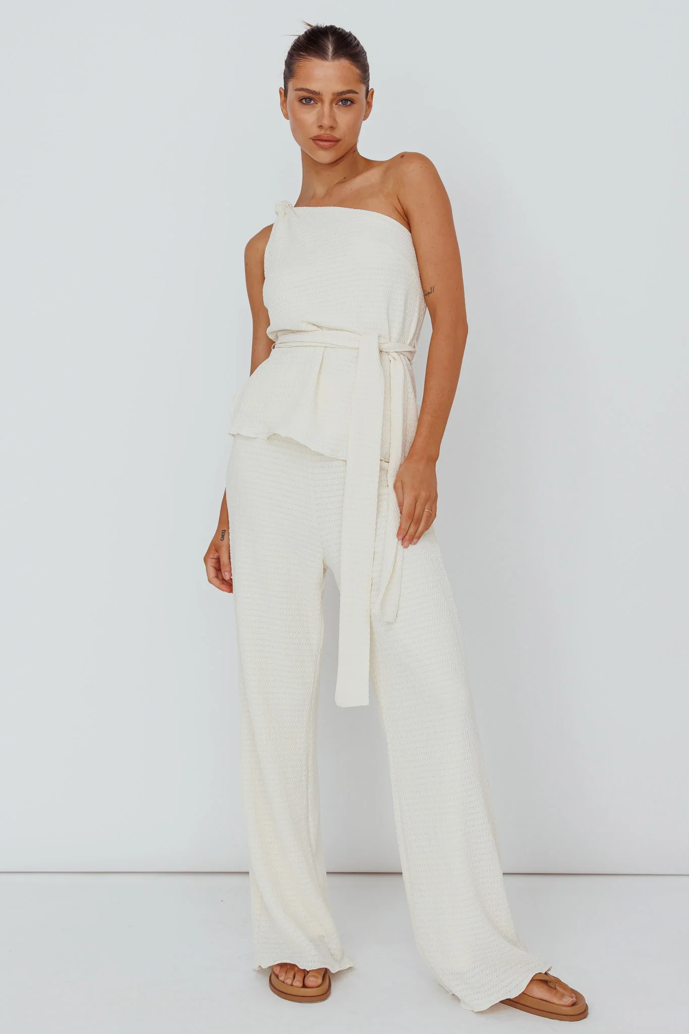 Austin City One-Shoulder Waist Tie Top Cream - Image 3