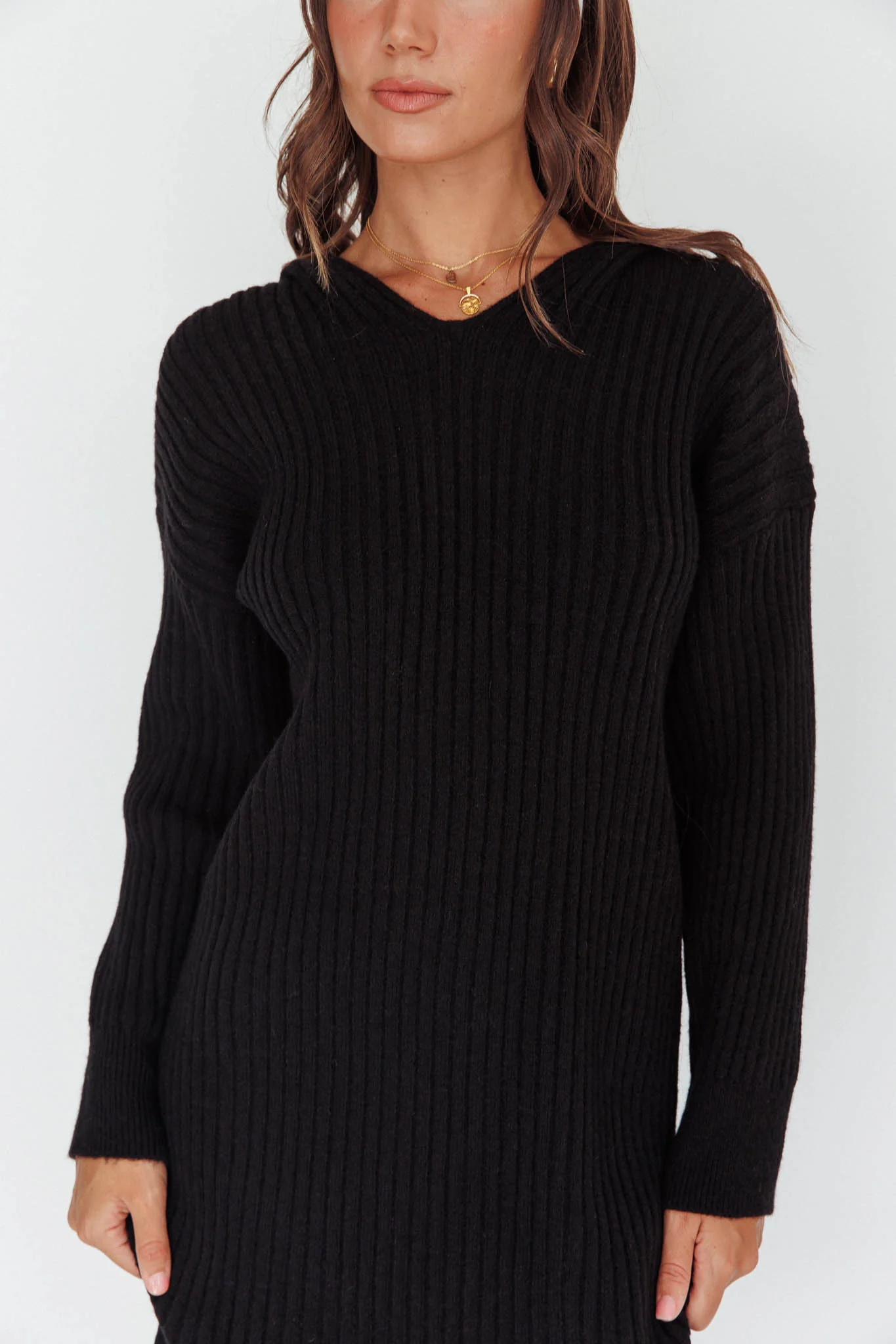 Autumn Hooded Sweater Midi Dress Black - Image 4