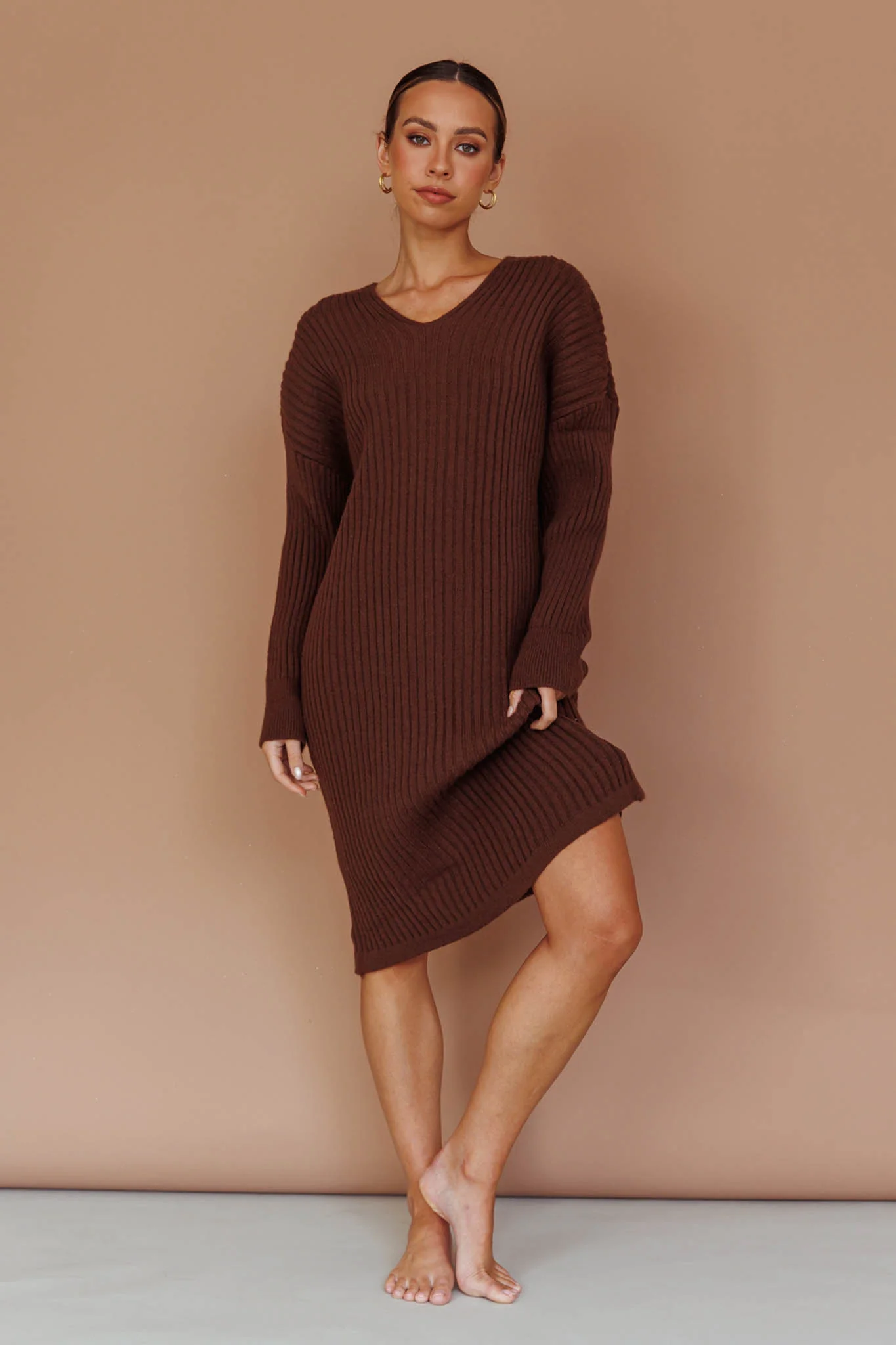 Autumn Hooded Sweater Midi Dress Chocolate - Image 7