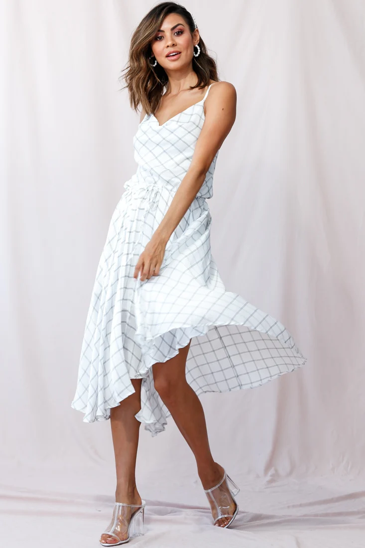 Ava Cowl Neck Drawstring Midi Dress Check Print White - Image 6