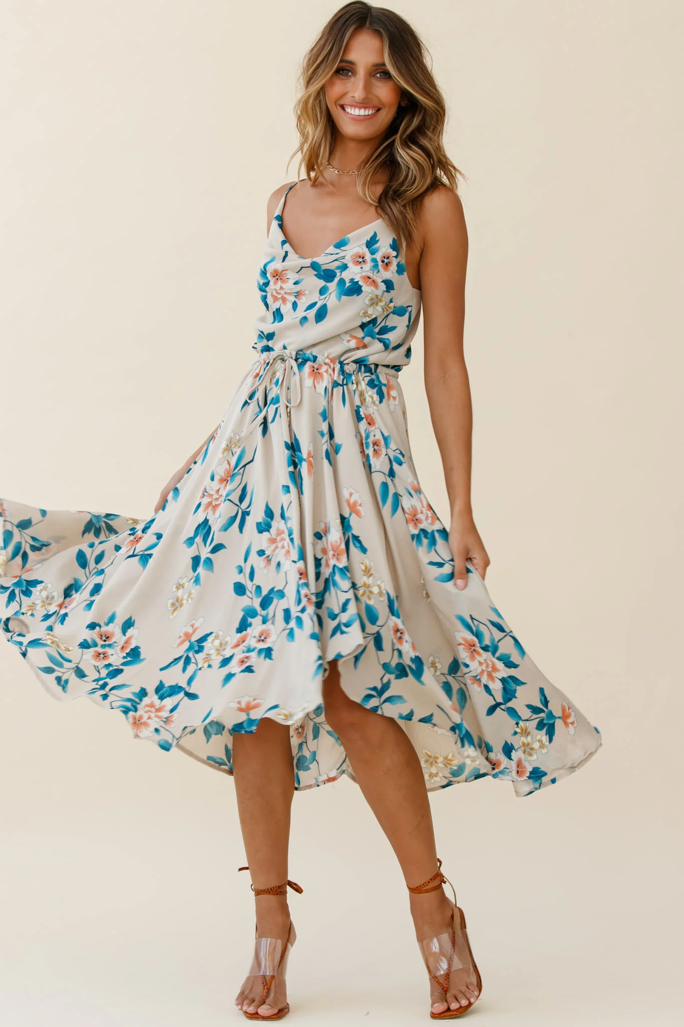 Ava Cowl Neck Drawstring Midi Dress Floral Print Mocha - Image 7
