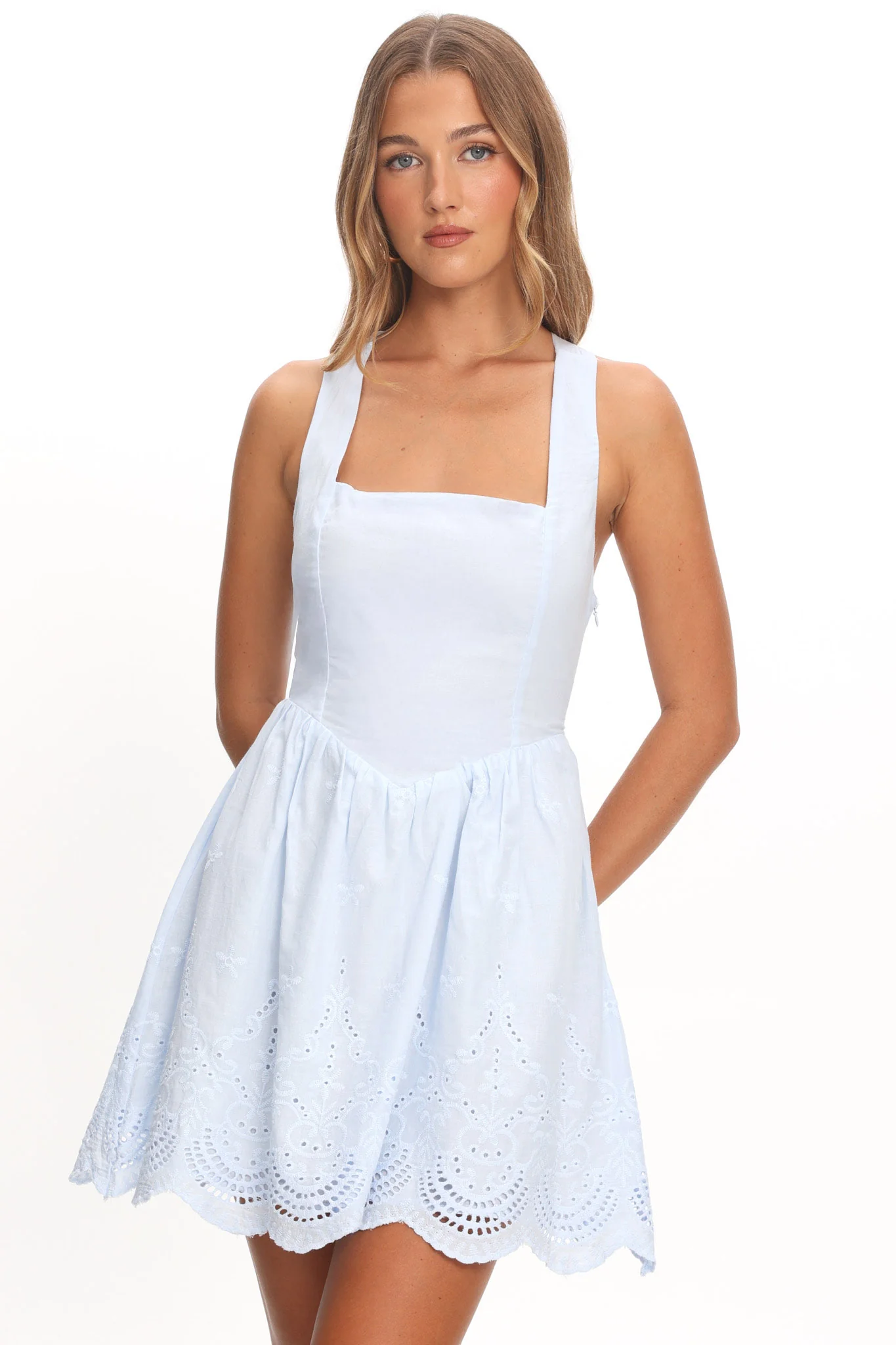 Aveline Eyelet Lace-Up Back Mini Dress Blue - Image 5
