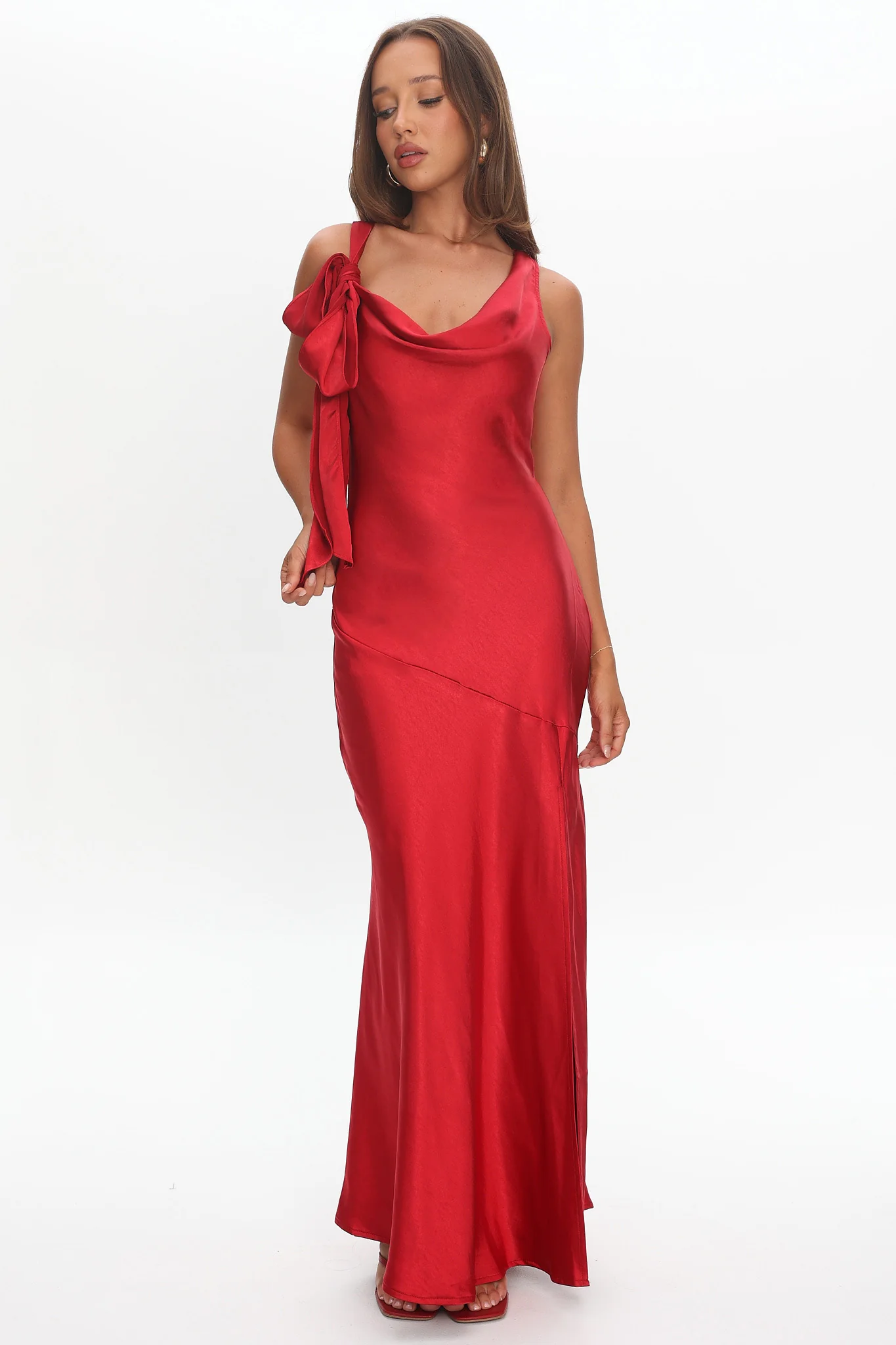 Averie Bow Shoulder Split Midi Dress Red - Image 3
