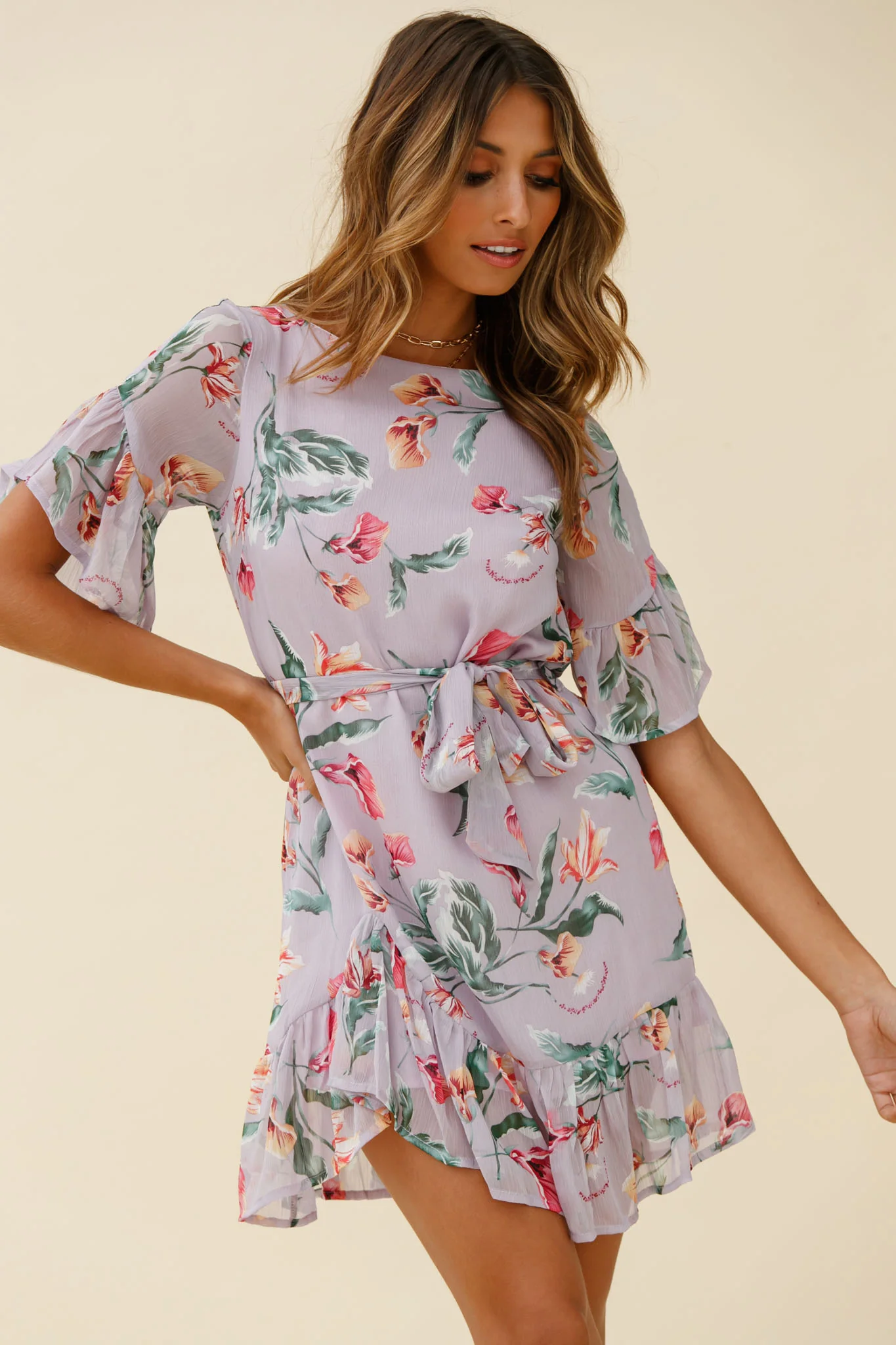 Azealia Ruffle Hem Dress Botanic Print Purple - Image 5