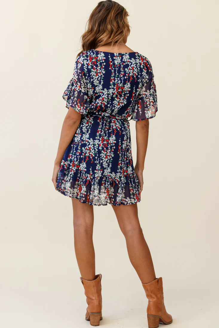 Azealia Ruffle Hem Dress Floral Print Navy - Image 3