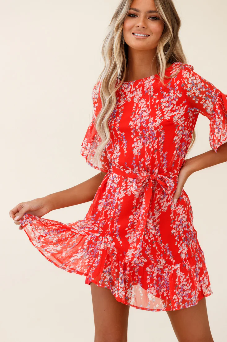Azealia Ruffle Hem Dress Floral Spring Print Red - Image 4