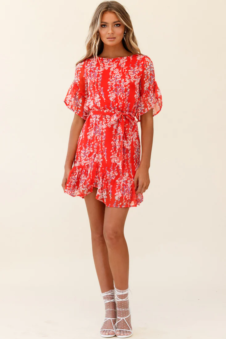 Azealia Ruffle Hem Dress Floral Spring Print Red - Image 5