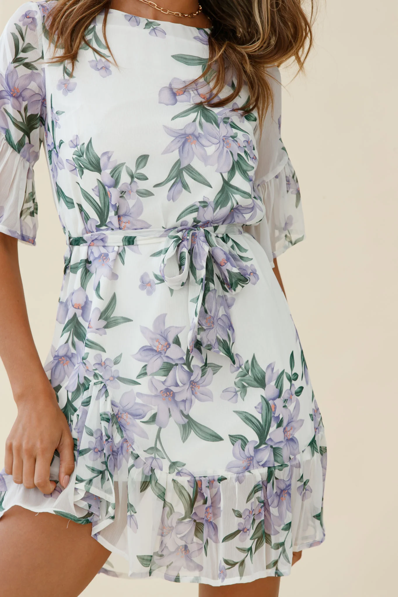 Azealia Ruffle Hem Dress Flower Print White - Image 4