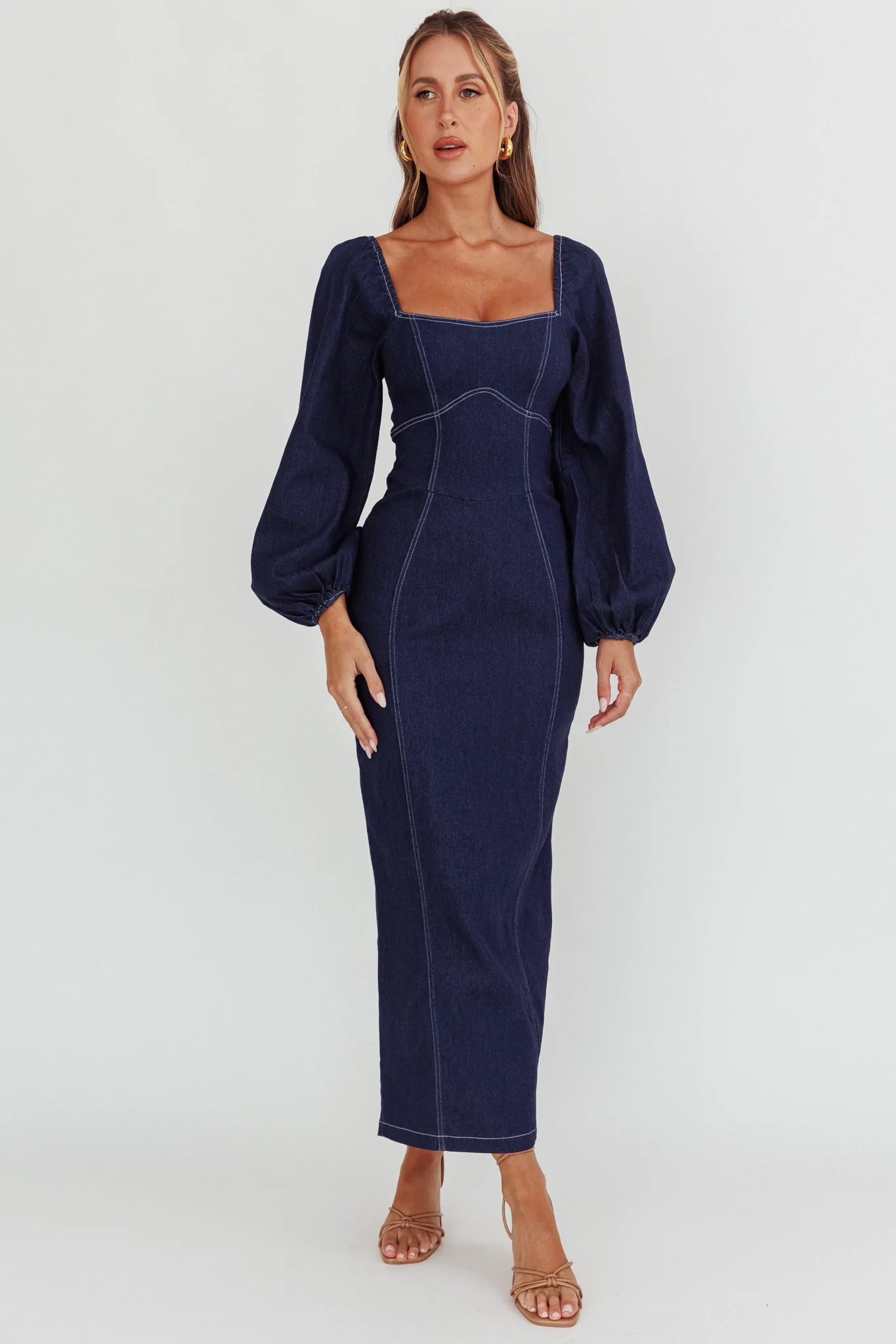 Bay Side Long Sleeve Denim Midi Dress Indigo - Image 3
