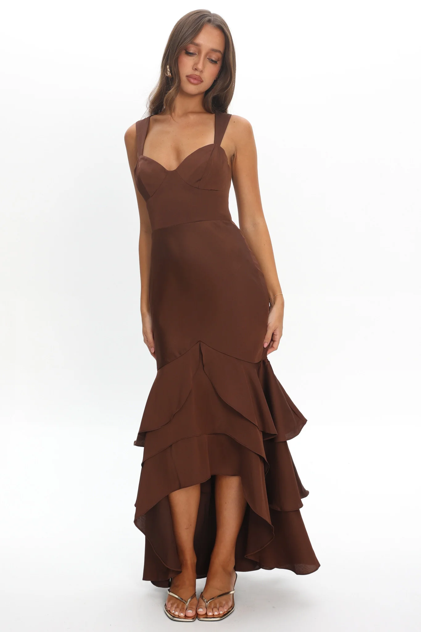 Baylin Layered Mermaid Hem Maxi Dress Coffee - Image 3