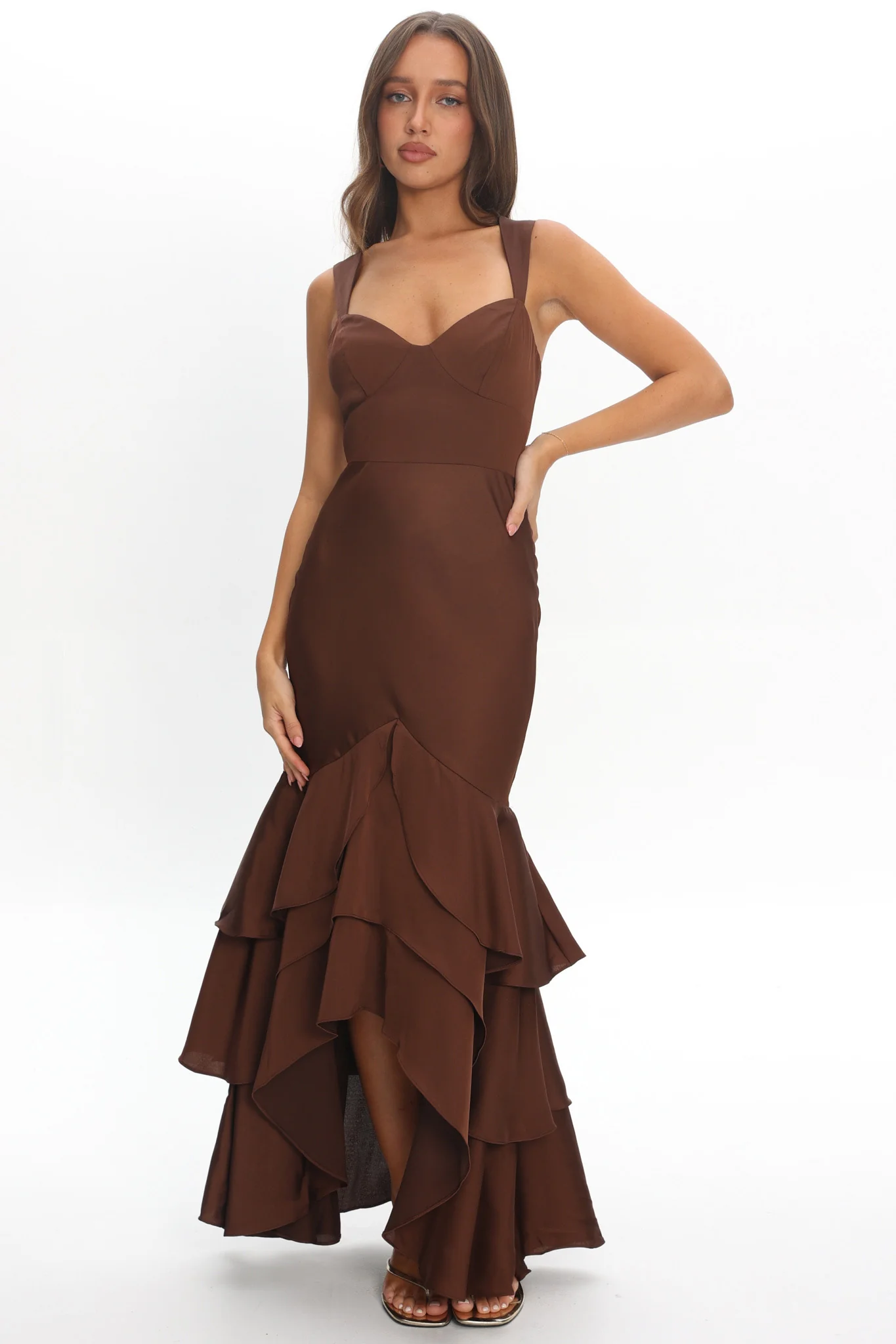 Baylin Layered Mermaid Hem Maxi Dress Coffee - Image 6