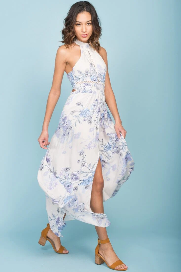 Baylor Floral Print Halter Maxi Dress Beige - Image 4