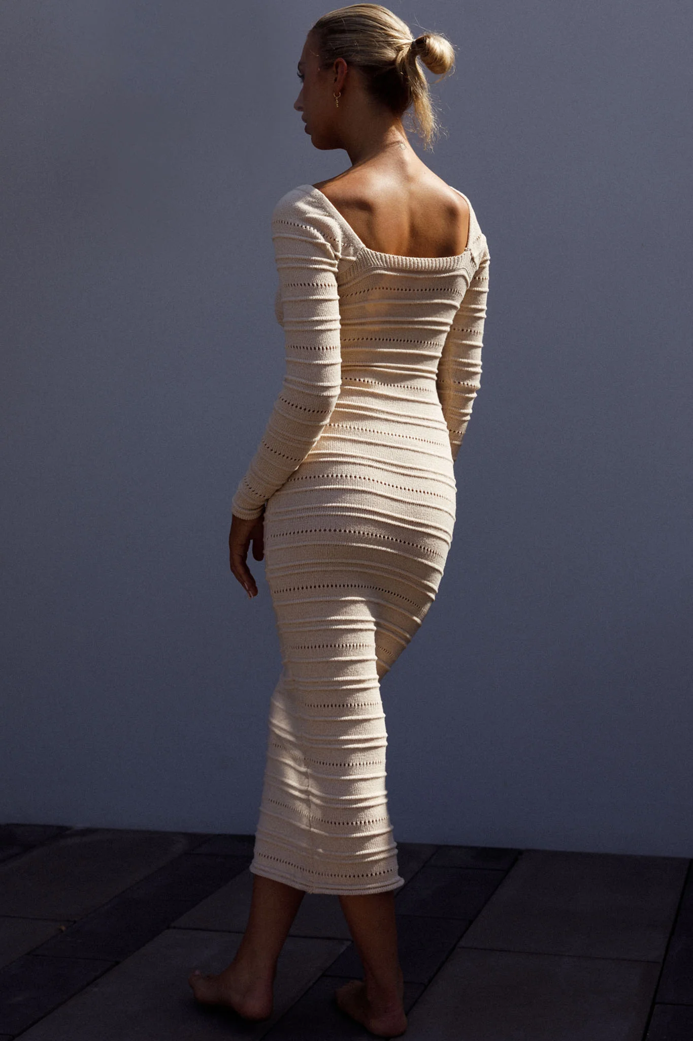 Beachside Crochet Knit Long Sleeve Midi Dress Oat - Image 2
