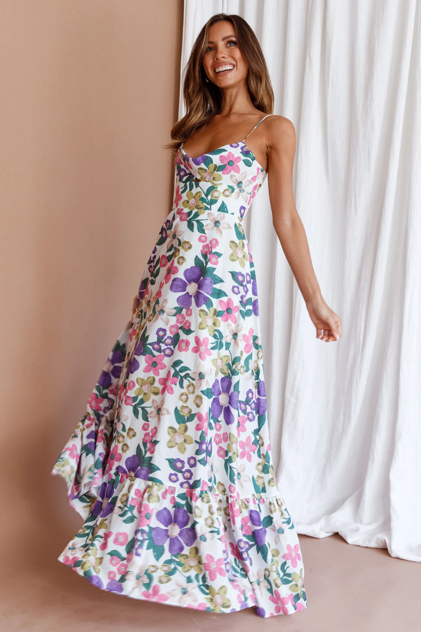 Beachside Flounce Hem Maxi Dress White Floral - Image 5