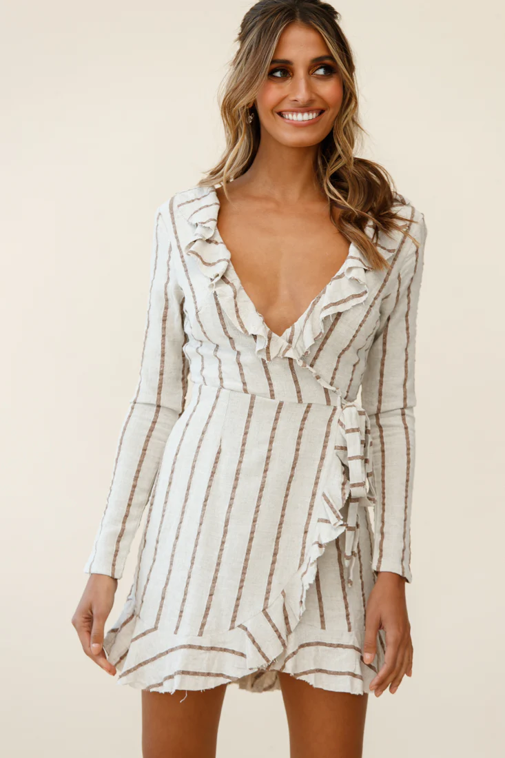 Beatrice Faux Wrap Ruffle Trim Raw Edge Dress Natural/Tan Stripe - Image 3