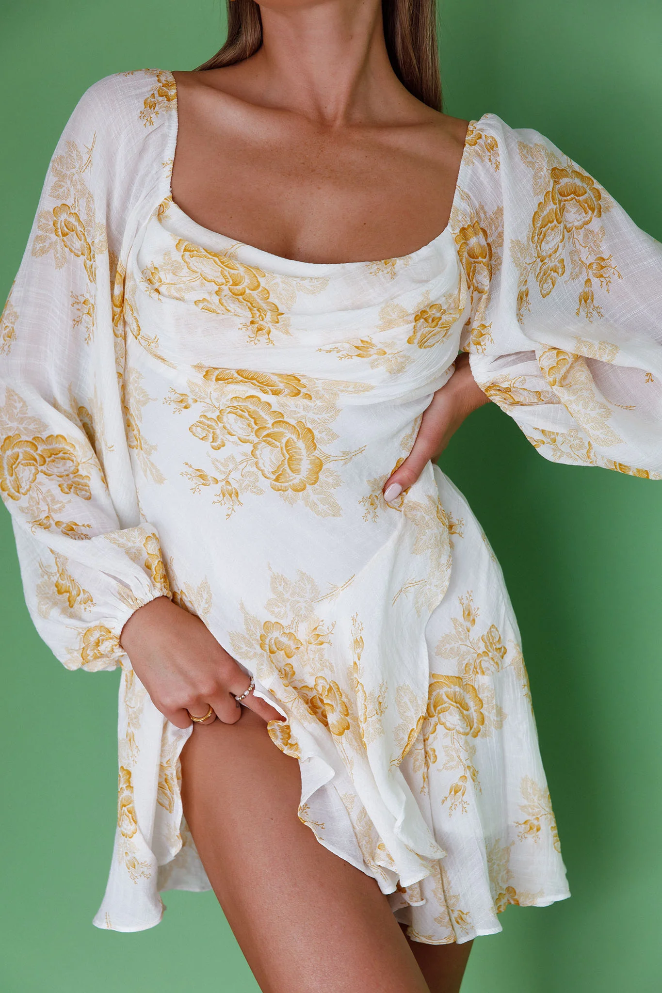 Beaujolais Long Sleeve Cowl Neckline Ruffle Mini Dress Floral Yellow - Image 4