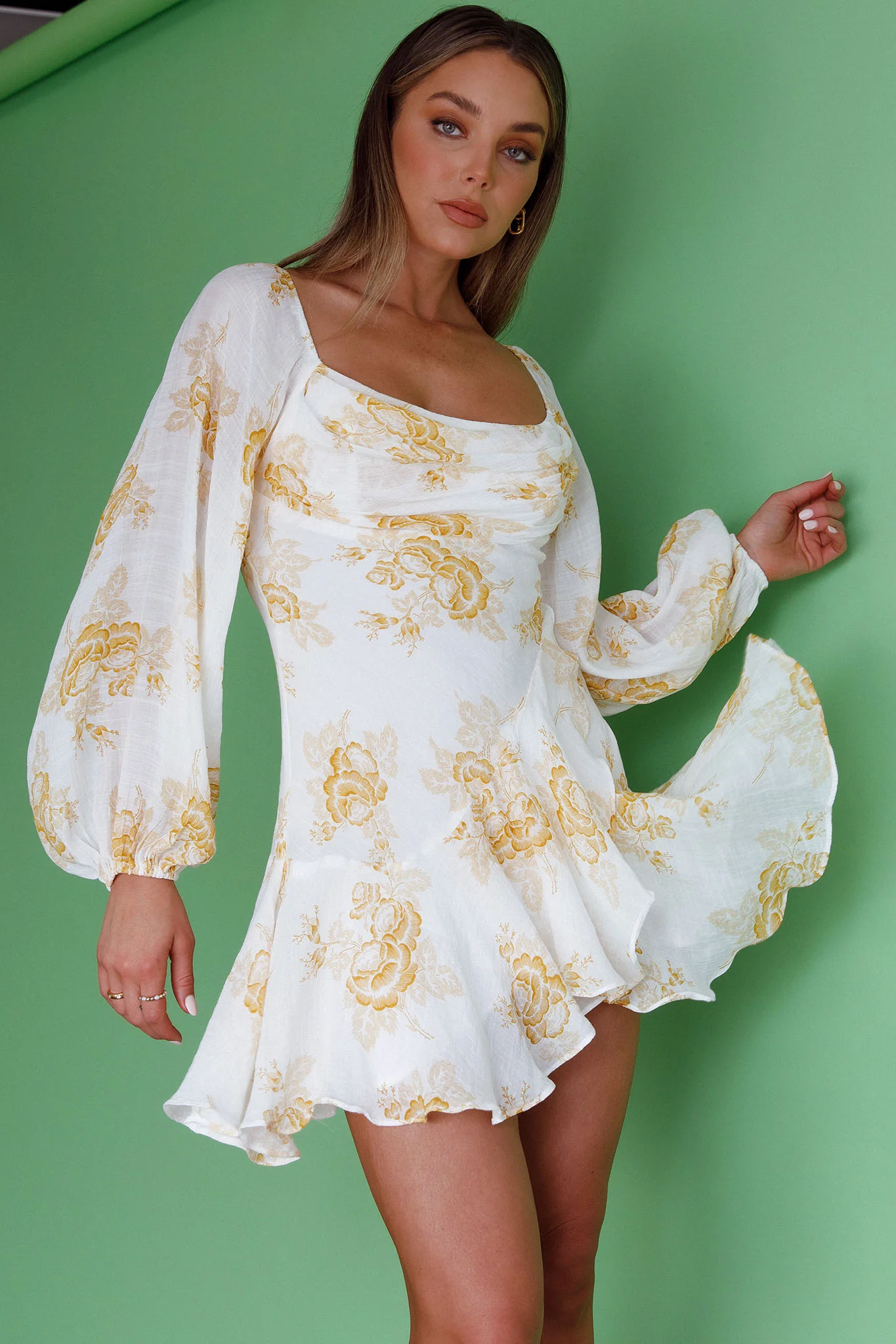 Beaujolais Long Sleeve Cowl Neckline Ruffle Mini Dress Floral Yellow - Image 5