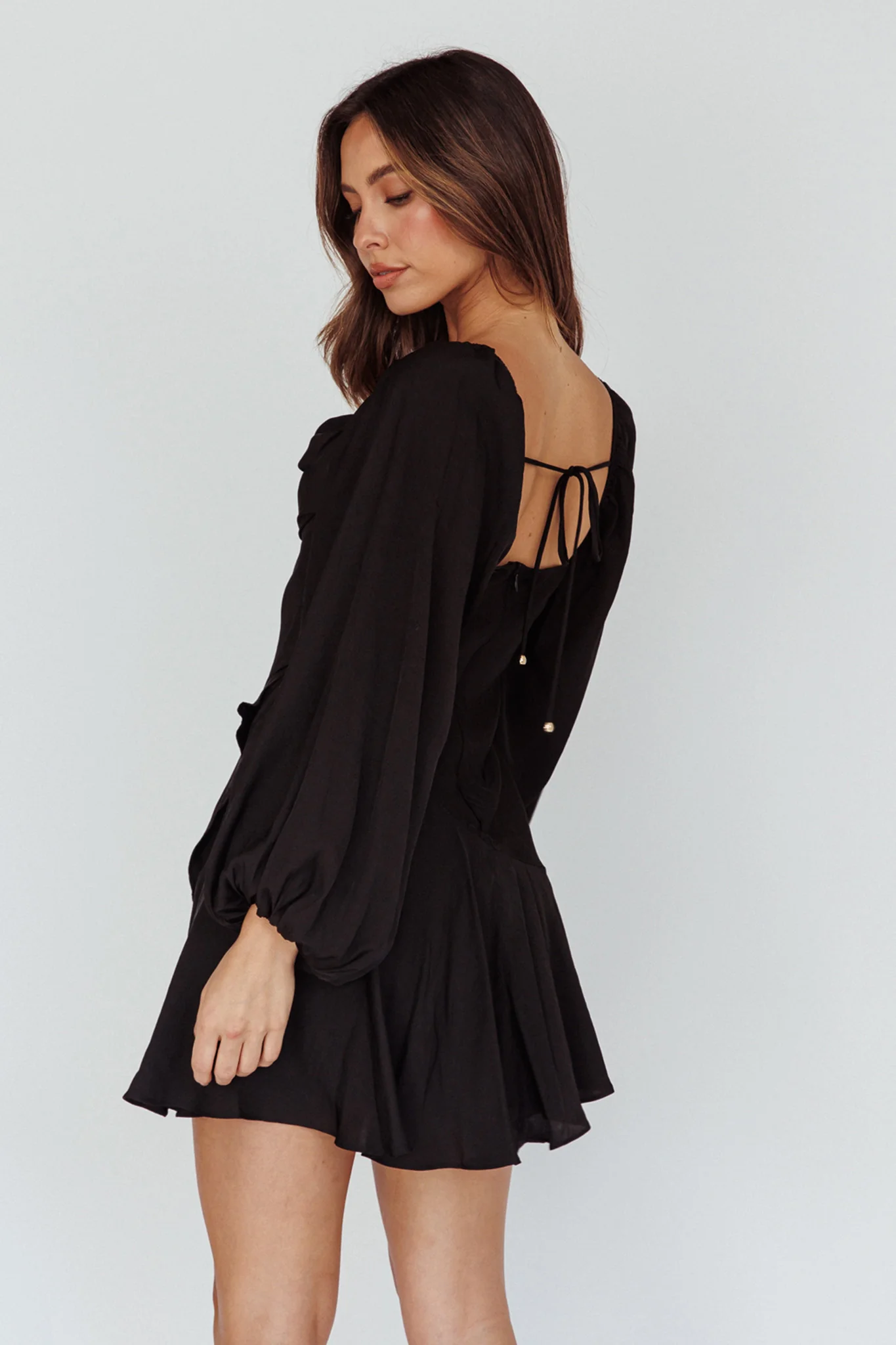 Beaujolais Long Sleeve Cowl Neckline Ruffle Satin Mini Dress Black - Image 2