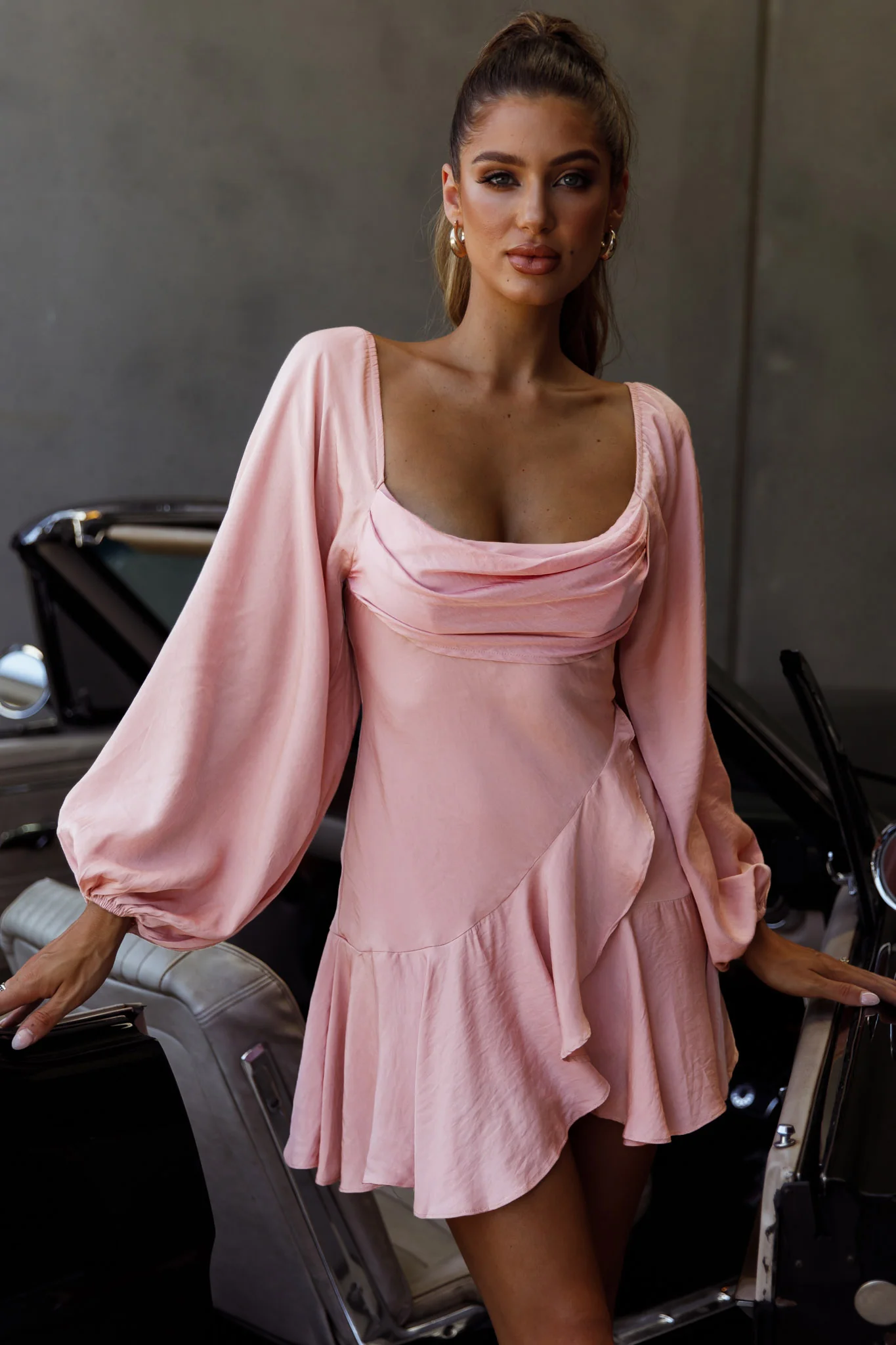 Beaujolais Long Sleeve Cowl Neckline Ruffle Satin Mini Dress Blush - Image 6