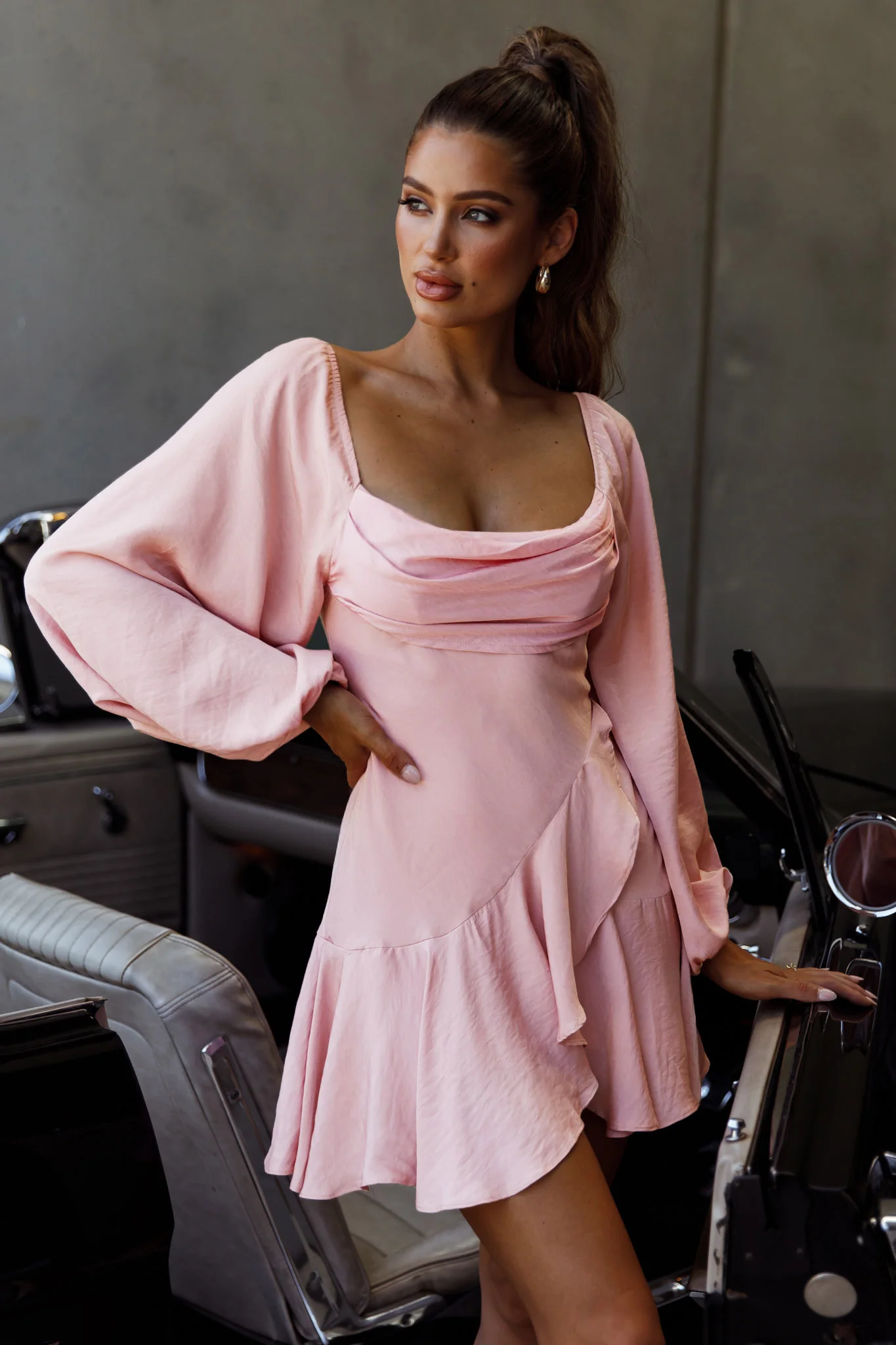 Beaujolais Long Sleeve Cowl Neckline Ruffle Satin Mini Dress Blush - Image 9