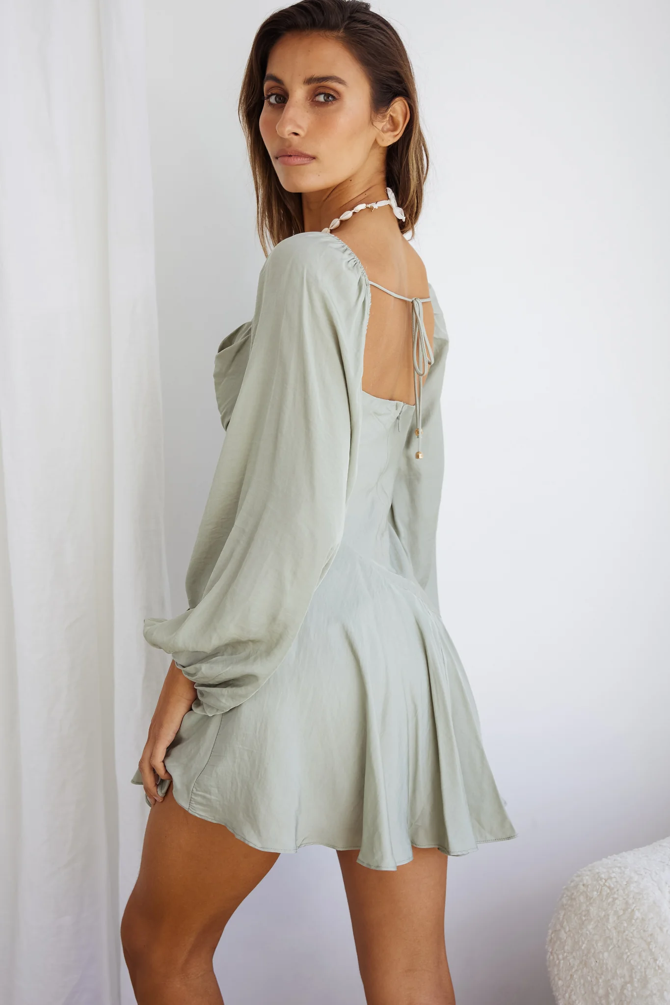 Beaujolais Long Sleeve Cowl Neckline Ruffle Satin Mini Dress Pistachio - Image 13