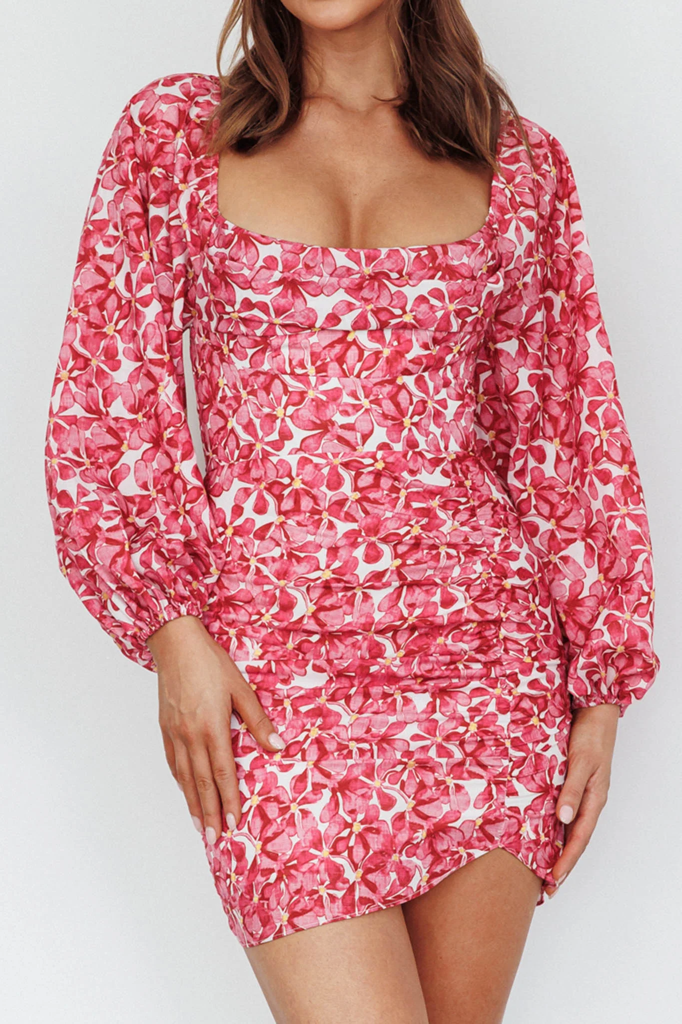 Beaujolais Long Sleeve Ruched Mini Dress Floral Pink - Image 4