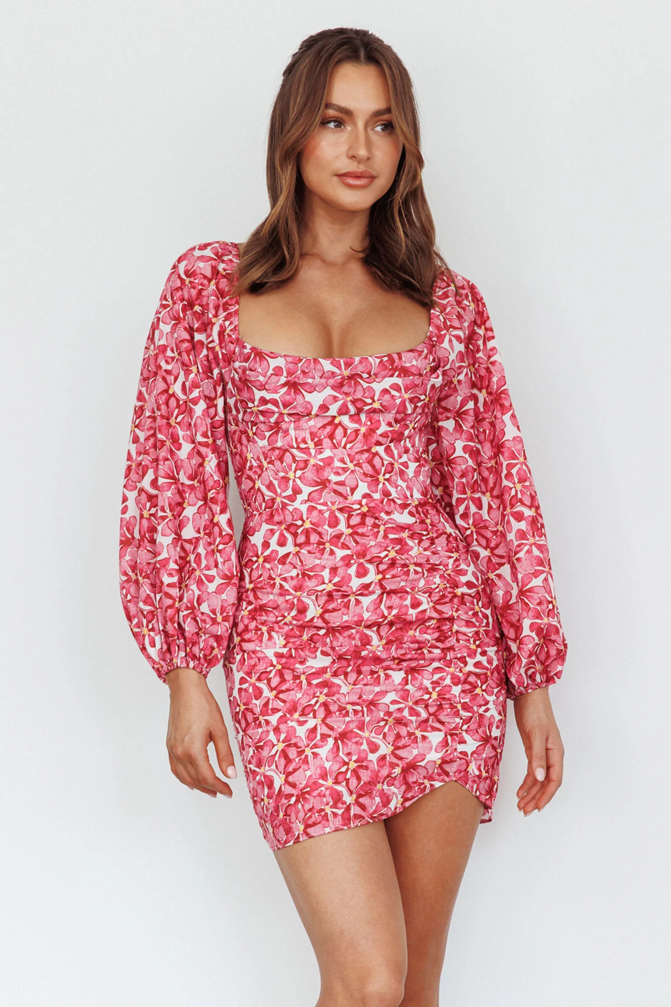 Beaujolais Long Sleeve Ruched Mini Dress Floral Pink - Image 5