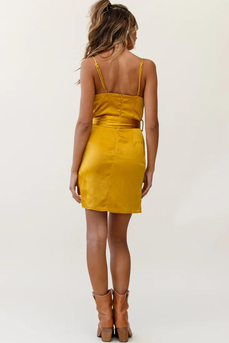 Bebe Satin Cowl Neck Wrap Dress Mustard - Image 3