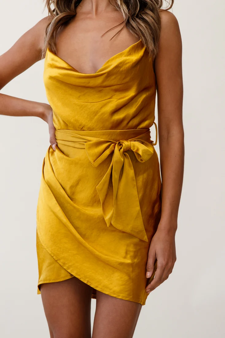 Bebe Satin Cowl Neck Wrap Dress Mustard - Image 4