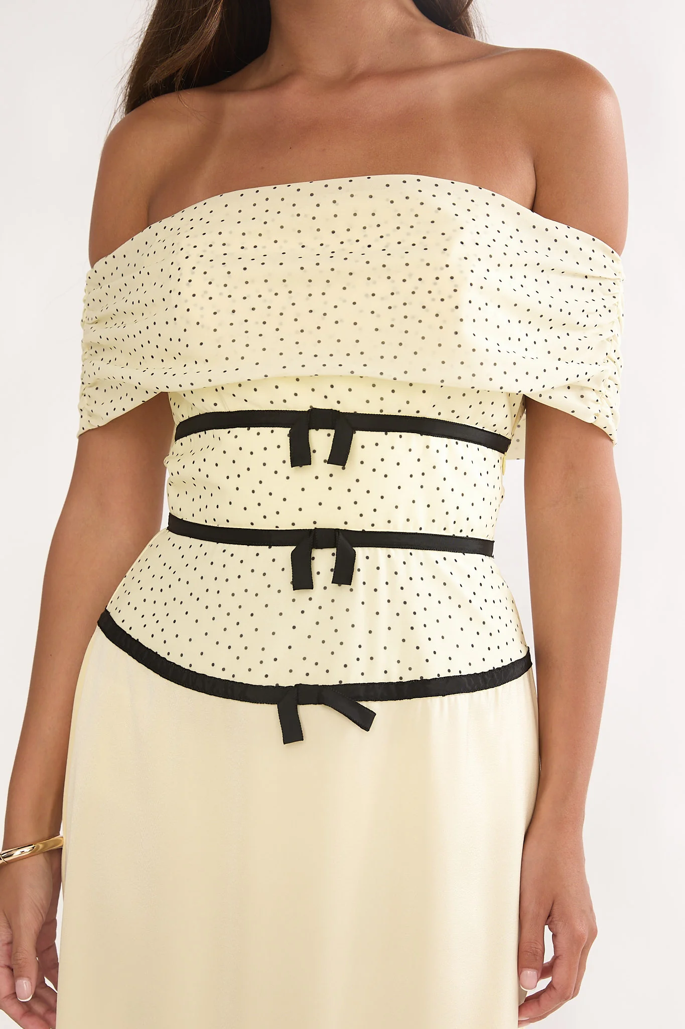 Begonias Off-Shoulder Bow Maxi Dress Spotted Lemon - Image 3